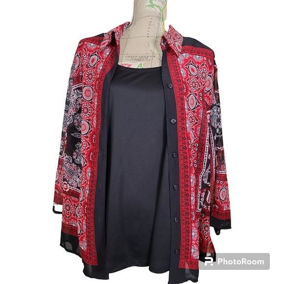 Notations Tops - NOTATIONS 2 Piece Set Sheer Button-Down Shirt-Tank Top Black Red Bandana Size 3X